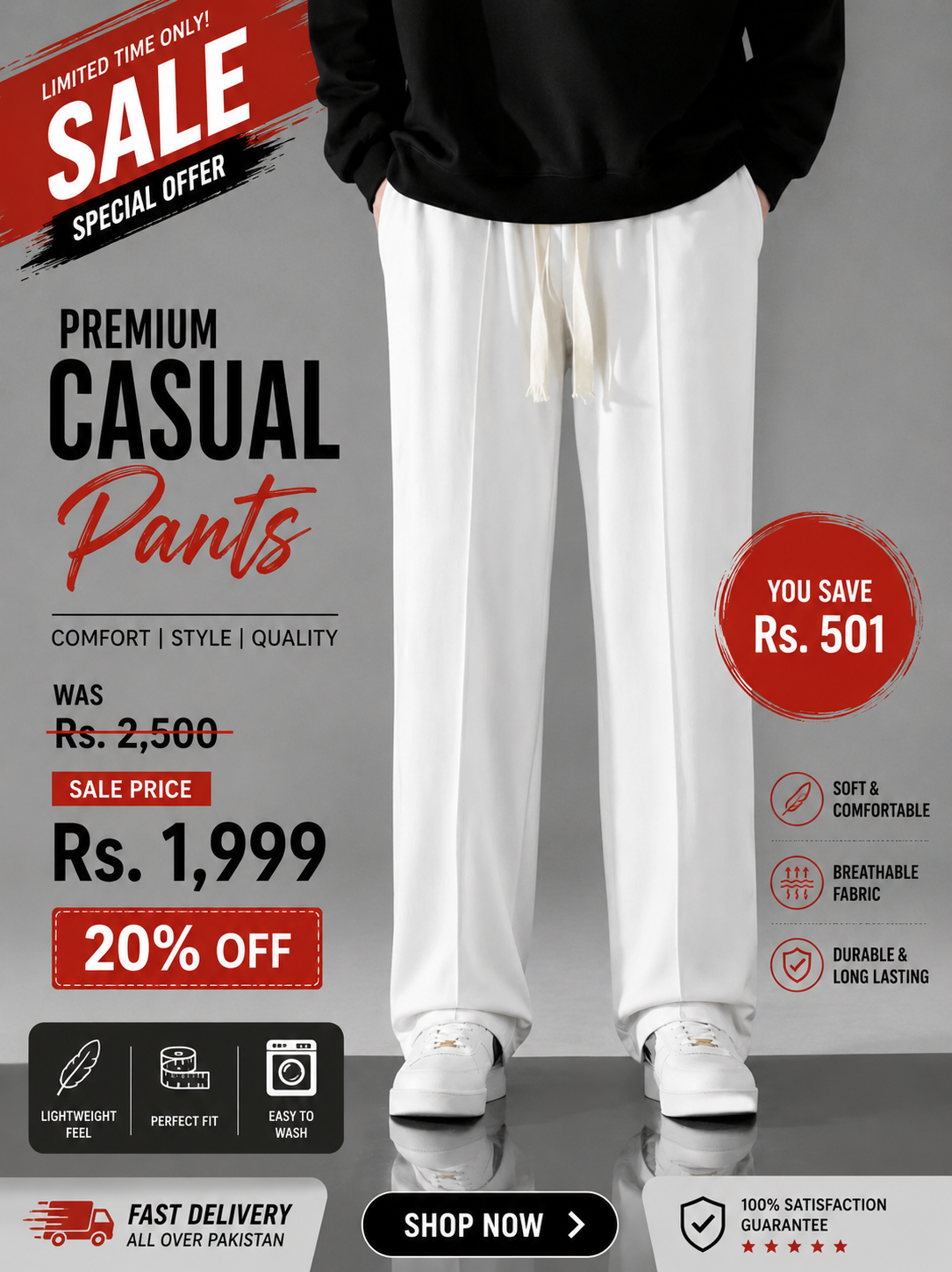 WHITE LOOSE FIT PANT FOR MAN CASUAL WEAR