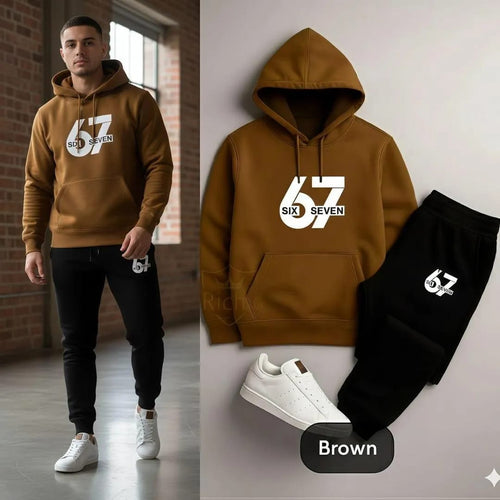 Men Brown Fleece Hoodie Track Suit With 67 Logo